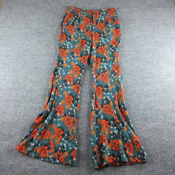 Free People Pants - Free People Pants Womens XS Teal Floral Flare Leg Crepe Pull On Boho Festival